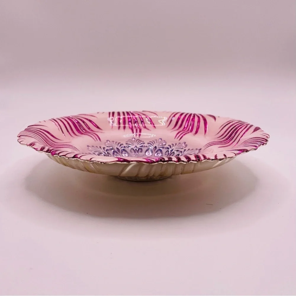 Turkish EFE Glass Bowl Pink & Silver Embossed, 8” Wide, 2” Deep